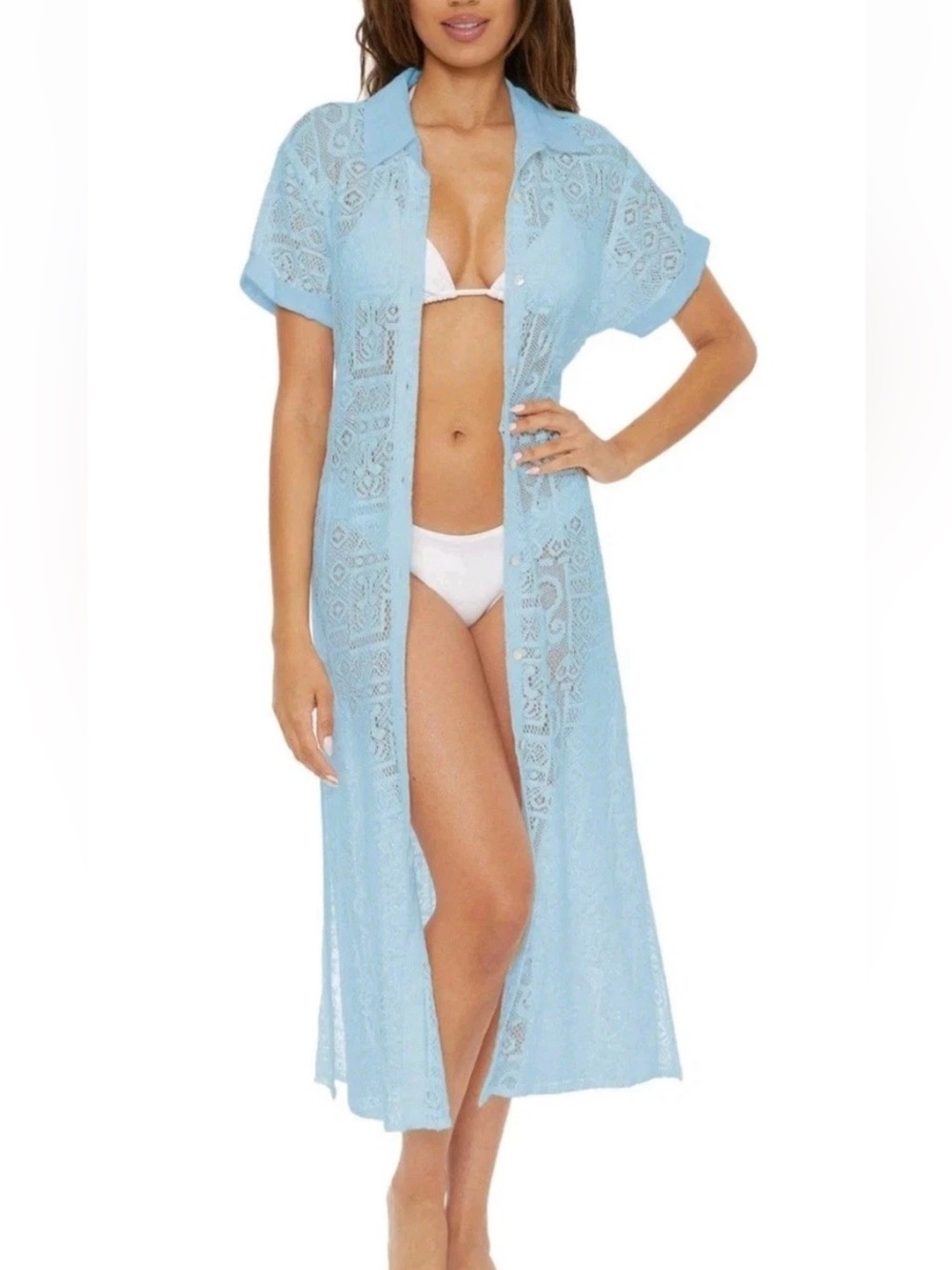 🌻NEW w/tag BECCA Ice Blue Gauzy Cotton Lace Shirtdress Swim Cover Up Size L